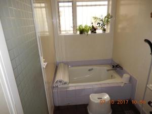 une salle de bain avec baignoire et toilettes et une fenêtre dans l'établissement Japanese Traditional House with beautiful garden., à Fujisaka