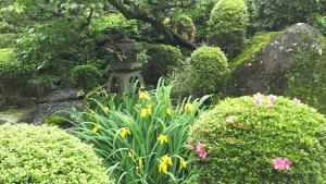 un jardin fleuri et une statue au milieu dans l'établissement Japanese Traditional House with beautiful garden., à Fujisaka 7 autres photos