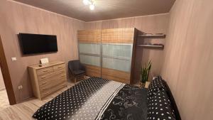 Schlafzimmer mit einem Bett und einer Kommode mit einem TV in der Unterkunft Makra-tető Öregtölgy Apartman in Pécs