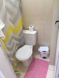 uma pequena casa de banho com um WC e um tapete rosa em Apartamento três quartos no centro do Recife no Recife