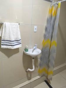 uma casa de banho com um lavatório e uma cortina de chuveiro em Apartamento três quartos no centro do Recife no Recife