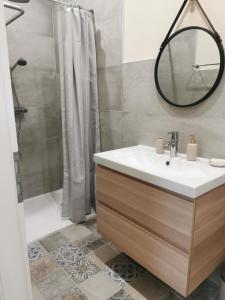 La salle de bains est pourvue d'un lavabo et d'une douche avec un miroir. dans l'établissement Appartement au calme RDC jardin, à Wasselonne