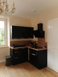 a kitchen with black cabinets and a black counter top at Appartement au calme RDC jardin in Wasselonne