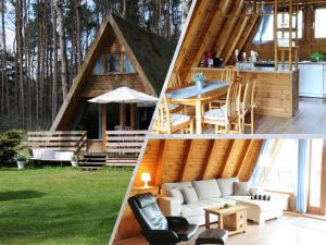 uma foto de uma cabine com um sofá e uma mesa em Zinnowitz, Finnhütte am Ostseestrand em Zinnowitz