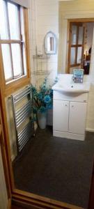 a bathroom with a sink and a mirror at Trevenna Cabin in St Austell