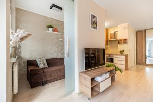 a living room with a couch and a television at Puck Nowy Świat Comfort Apartments in Puck