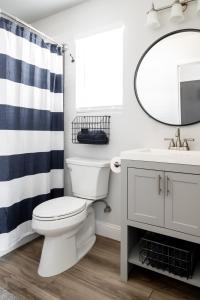 a bathroom with a toilet and a sink and a mirror at Sauceda Cottage at Wrenwood Ranch, King Bed in Johnson City +27 photos