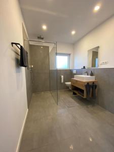 a bathroom with a glass shower and a sink at LA-Hüttenfeld Erdgeschoss Apartment in Hemsbach