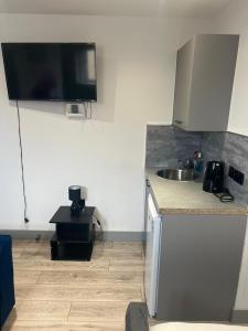 a kitchen with a sink and a tv on the wall at Modern Double Room - Near Greenwich Park - The O2 Arena - Nearby Transport Links to Central London - New Cross Station - Lewisham SE14 in London