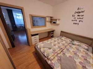 a bedroom with a bed and a desk and a television at Apartment next to Steel Arena in Košice