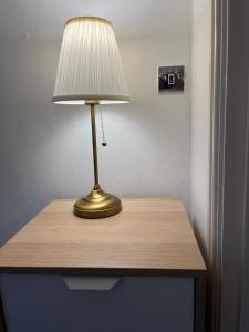 a lamp sitting on top of a wooden table at Single room in shared flat Valley Hill, Loughton in Loughton