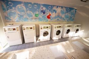 a laundry room with four washing machines and a wall with plates at Kampaoh Costa del Sol in Caserío Almayate Bajo