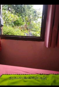a window in a room with a green and pink blanket at Chácara lua e sol in Pouso Alegre
