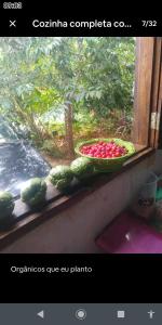 a window with a basket of vegetables on a window sill at Chácara lua e sol in Pouso Alegre