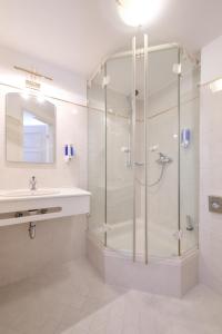 a bathroom with a shower and a sink at Tafernwirtschaft Hotel Schönbrunn in Landshut