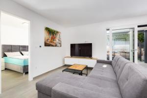 a living room with a couch and a tv at Apartma Skubic Murvica in Vantačići
