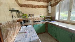 a kitchen with green cabinets and a sink and a window at Traditional forest villa in Aïn es Srhir