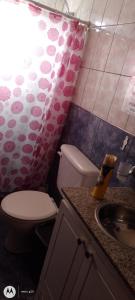 a bathroom with a toilet and a sink and a shower curtain at El cahuquen casa 2 dormitorios in Junín de los Andes