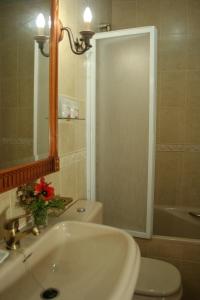 a bathroom with a sink and a toilet and a mirror at La Posada del Hidalgo de Alarcón in Alarcón