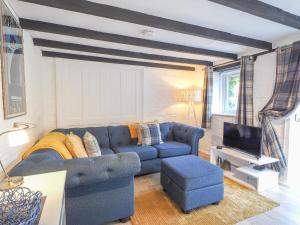 uma sala de estar com um sofá azul e uma televisão em Maes y Derw Coach House Newcastle Emlyn em Newcastle Emlyn