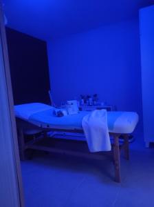 a hospital bed in a blue room with a table at chalet de Campagne avec option SPA - petit déj 