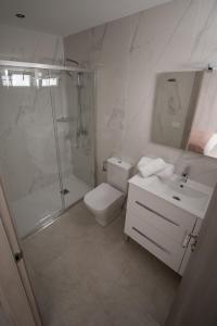 une salle de bain avec une douche, des toilettes et un lavabo dans l'établissement Viviendas Vacacionales Aurea, à Arrecife