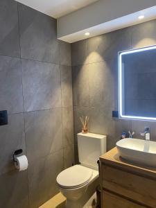 een badkamer met een wit toilet en een wastafel bij Appartement à deux pas du centre de Crans-Montana in Crans-Montana