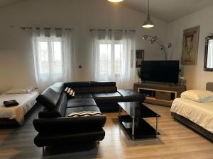 uma sala de estar com um sofá de couro preto e uma televisão em LAubergerie de Lastours em Coursan