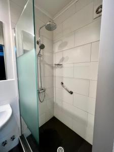 a shower with a glass door in a bathroom at Hotel Bellavista Santiago Suite in Santiago