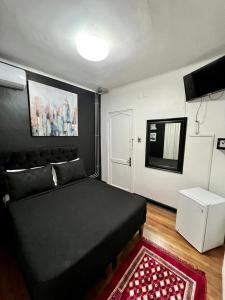聖地亞哥的住宿－Hotel Bellavista Santiago Suite，一间卧室配有黑色的床和红色地毯