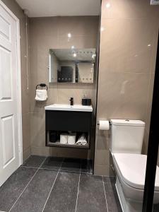 ein Badezimmer mit einem Waschbecken, einem WC und einem Spiegel in der Unterkunft R2 - Private Room in Modern Shared Apartment, Each with Kitchenette, Central Birmingham in Birmingham