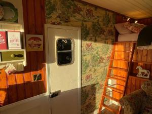 a room with a door and a ladder next to a bedroom at The Skewbald in Letterbreen