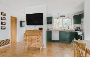 Una cocina con gabinetes verdes y un televisor de pantalla plana. en 3 Bedroom Awesome Home In Vestervig, en Vestervig