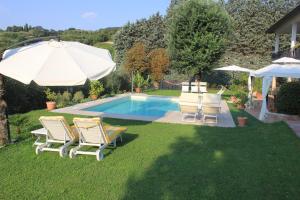 un grupo de sillas y una sombrilla junto a una piscina en B&B La Grola, en San Martino Buon Albergo