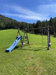 a playground with a blue slide in a field at Bauernhaus Durrahof in Steinberg am Rofan
