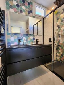een badkamer met een wastafel en een glazen douche bij Villa Bellevue Port Nature3 Village Naturiste 2 chambres in Cap d'Agde