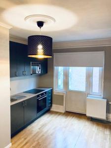 a kitchen with blue cabinets and a large window at Best place in Oslo city centre! Balcony & keyless. in Oslo