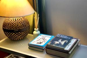 a table with books and a lamp on a table at Quinta Nova do Archino 18 in Alenquer