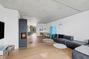 a living room with a couch and a fireplace at ROOFTOP Garden ACHT in Olpenitz