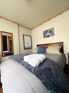 a bedroom with a large bed and a mirror at Departamento acogedor en la mejor zona de La Paz in La Paz