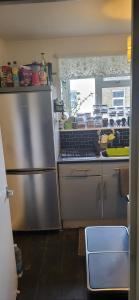 uma cozinha com um frigorífico de aço inoxidável e um lavatório em 1 Bedroom Flat 27 Mins to London Victoria em Sydenham