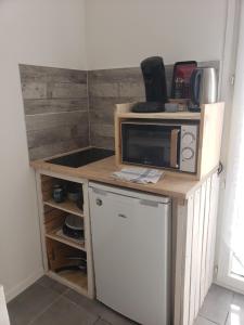 a small kitchen with a microwave and a refrigerator at Locmeze in Mèze