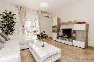 a living room with a white couch and a tv at Apartments Katarina in Ðenovići