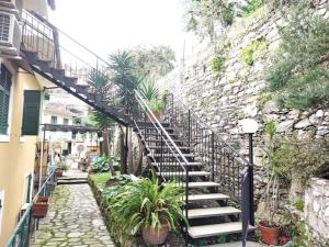 eine Treppe, die zu einer Steinwand mit Pflanzen führt in der Unterkunft Casa della Elli in Santa Margherita Ligure