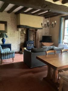 ein Wohnzimmer mit einem Sofa, einem Tisch und einem Kamin in der Unterkunft Gîte de la vallée in Volnay