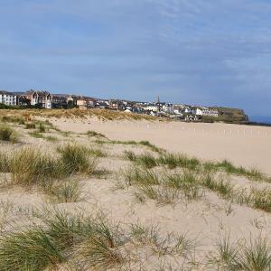 a sandy beach with grass and houses in the background at Gortree at Castlerock in Castlerock