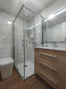 een badkamer met een douche, een toilet en een wastafel bij Ciudad Rodrigo Centro in Ciudad-Rodrigo