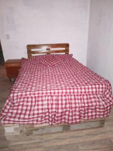 ein Bett mit einer rot-weiß karierten Decke in der Unterkunft LuSil in El Nihuil
