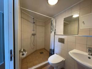 La salle de bains est pourvue d'une douche, de toilettes et d'un lavabo. dans l'établissement Bakkebo Rampestreken, à Åndalsnes