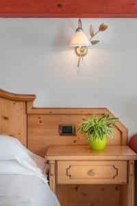 - une chambre avec un lit et une table de chevet avec une plante dans l'établissement Hotel Castel Pietra, à Fiera di Primiero